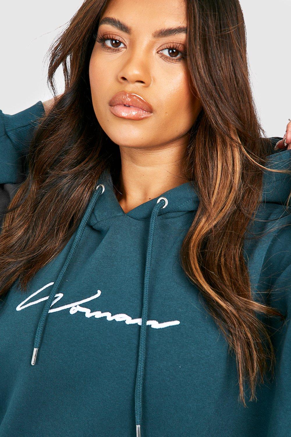 Plus Embroidered Woman Script Hoodie boohoo