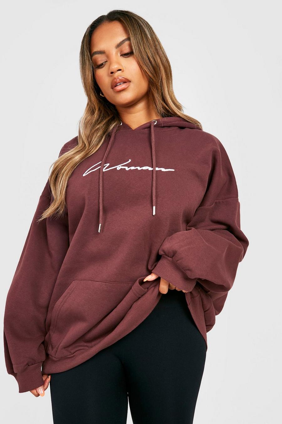 Chocolate marron Plus Embroidered Woman Script Hoodie
