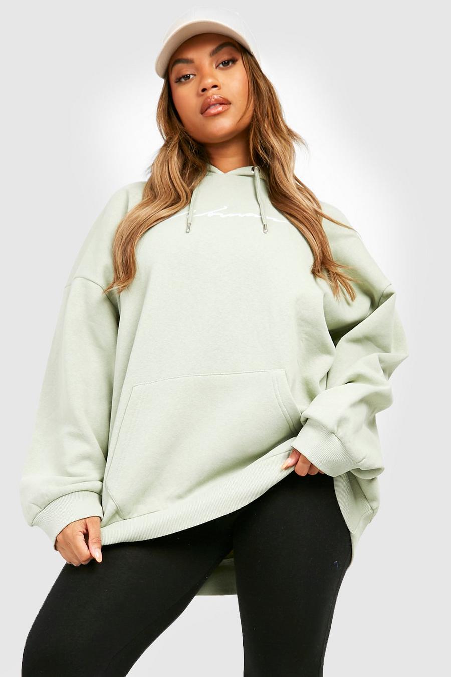 Sage green Plus Embroidered Woman Script Hoodie