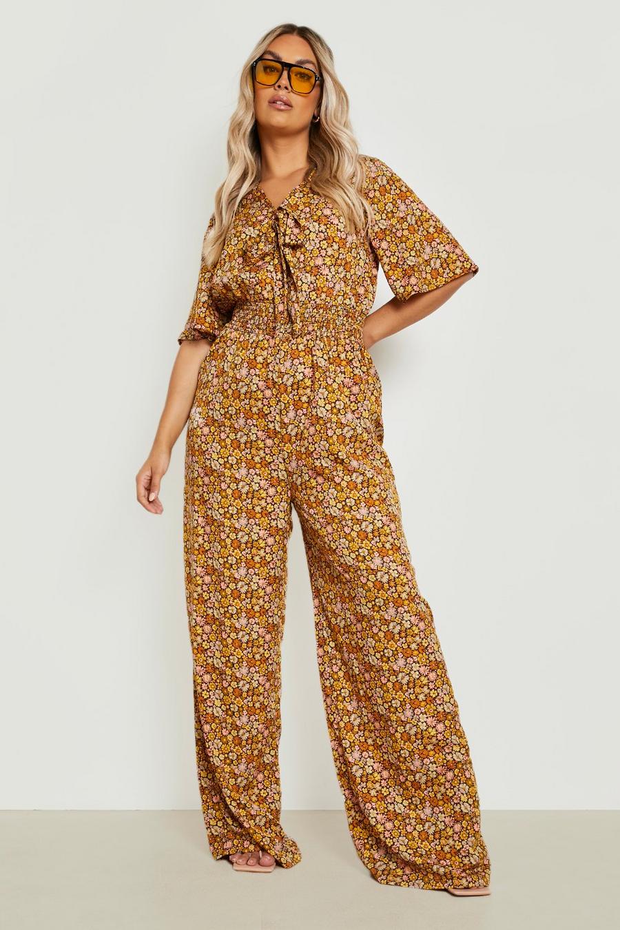 Brown Plus Woven Tie Front Jumpsuit image number 1