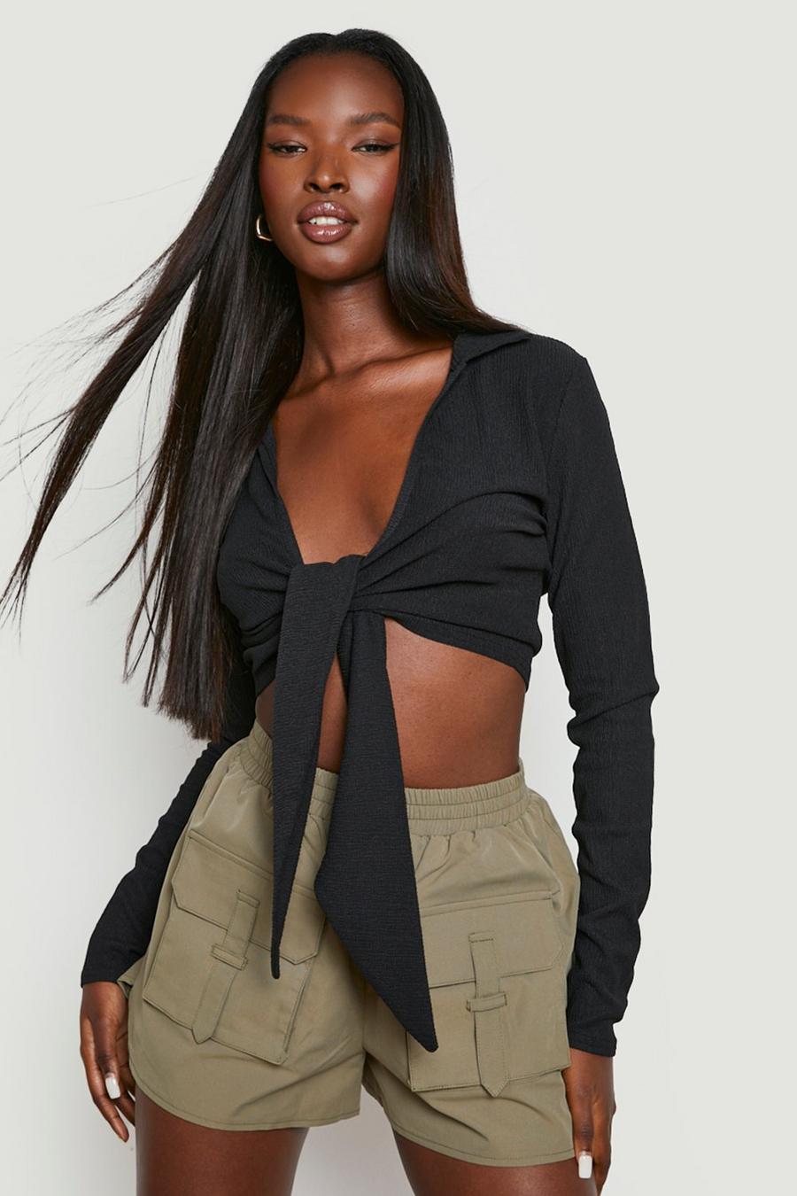 Black Crinkle Texture Cropped Shirt 