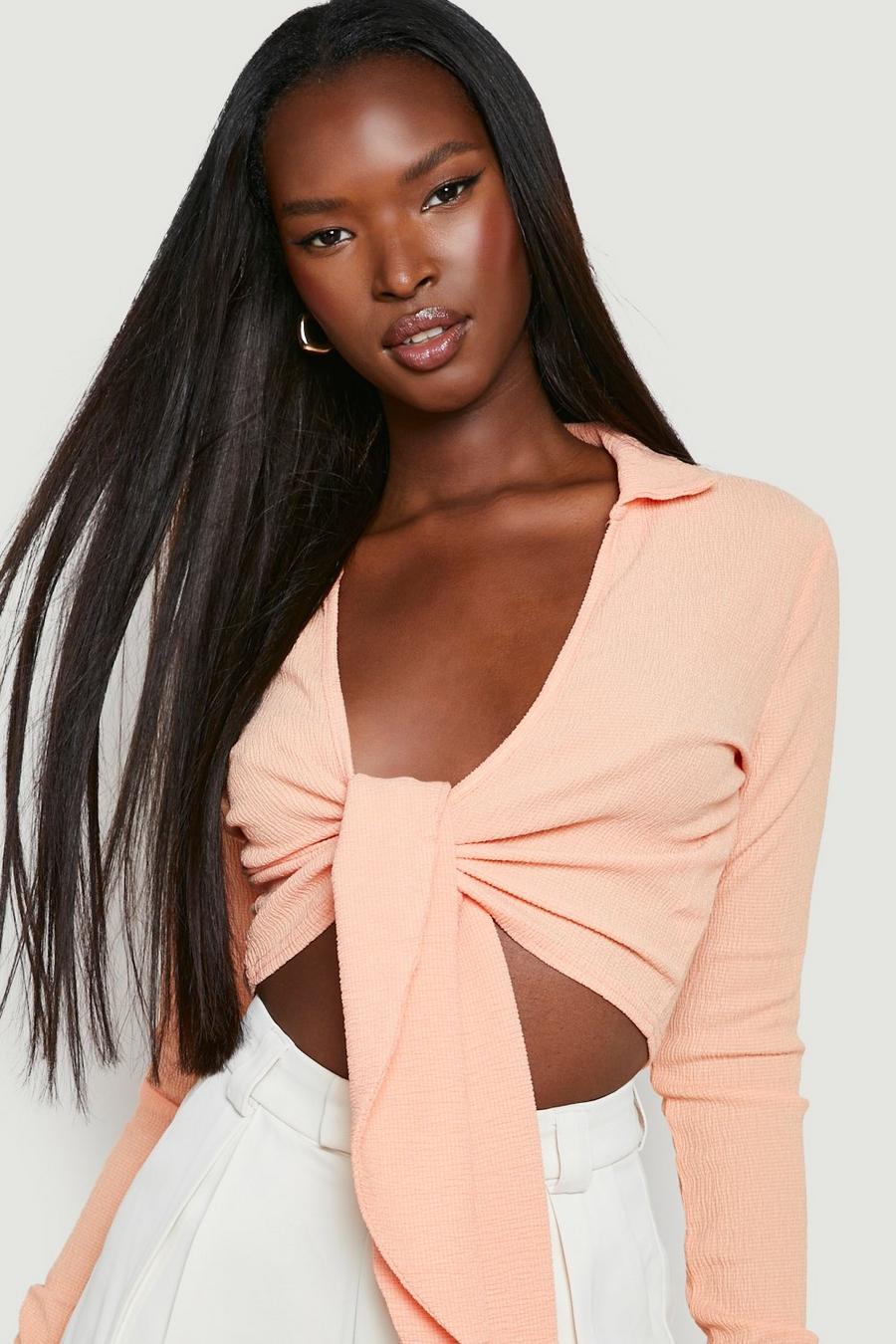 Peach Crinkle Texture Cropped Shirt  image number 1