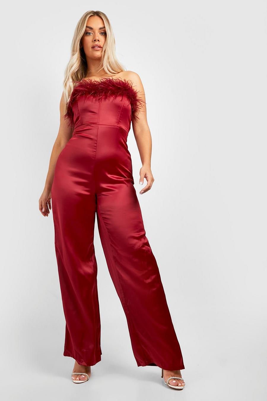 Wine red Plus Satin Feather Bandeau Wide Leg Jumpsuit image number 1