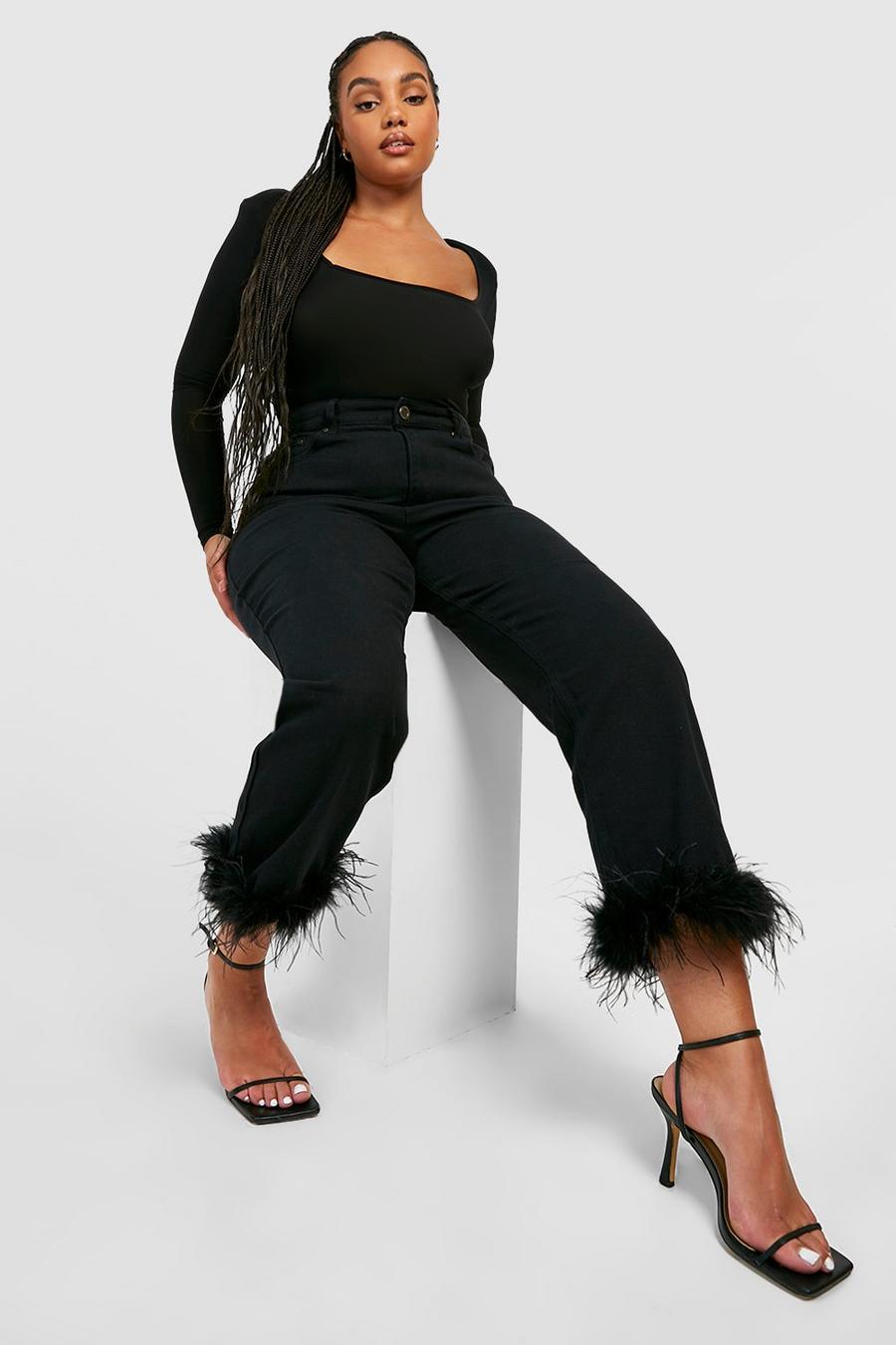 Black Plus Feather Trim High Straight Leg Jeans image number 1