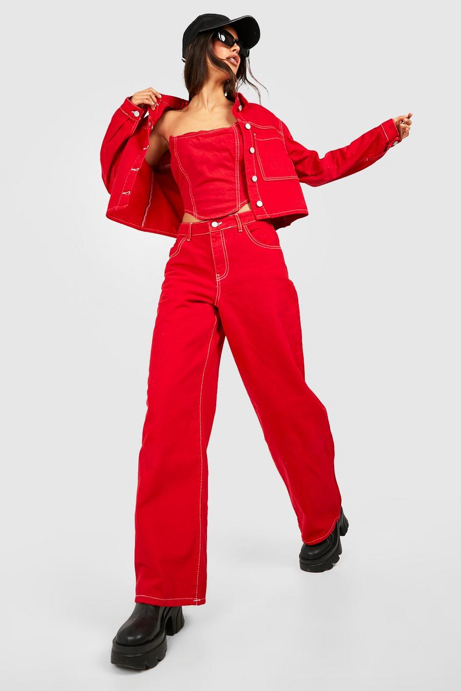 Red Contrast Stitching Wide Leg Jeans image number 1