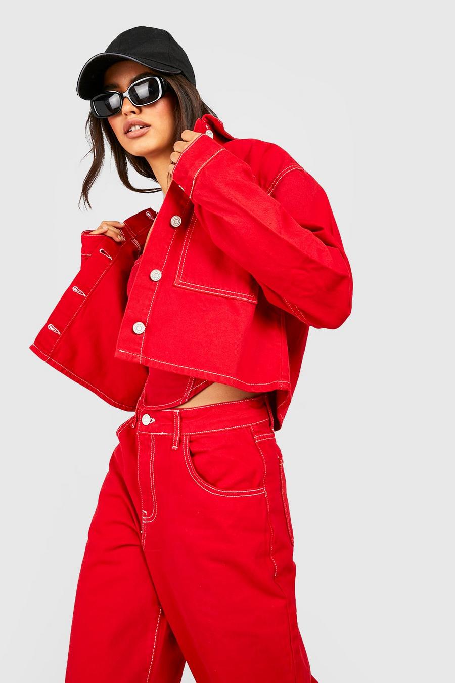 Red Contrast Stitching Boxy Denim Jackets image number 1