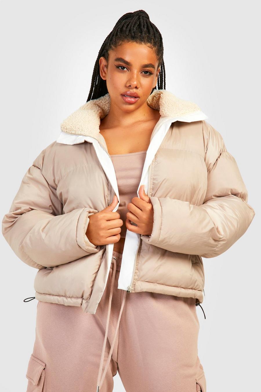 Stone beige Plus Teddy Faux Fur Collar Puffer Jacket Jerseys image number 1