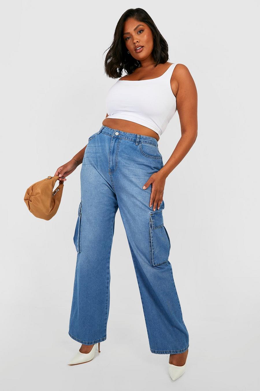 Mid blue Plus Loose Fit Cargo Jeans image number 1