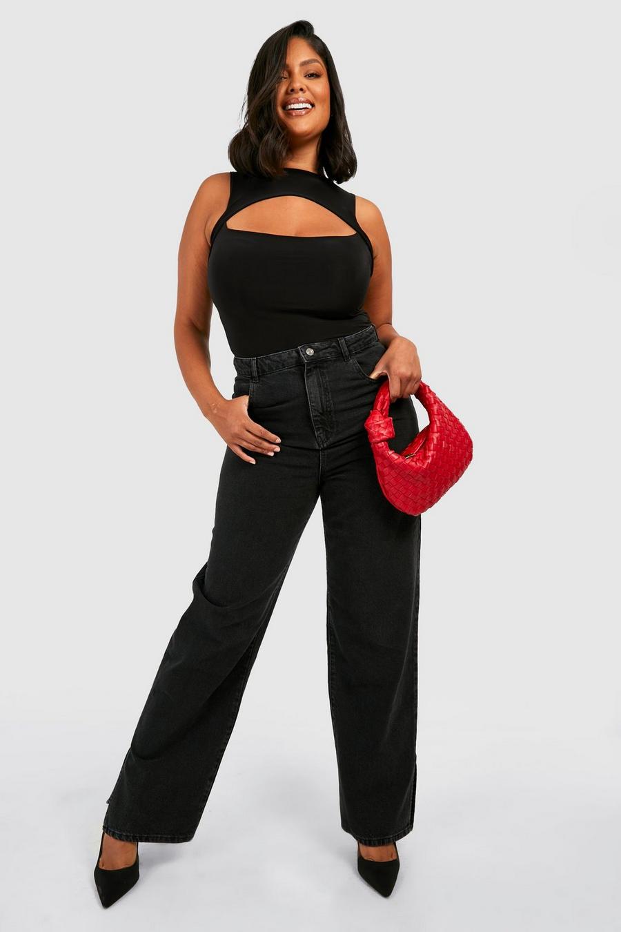 Jeans Plus Size a vita alta effetto smagliato con spacco sul fondo, Black nero image number 1
