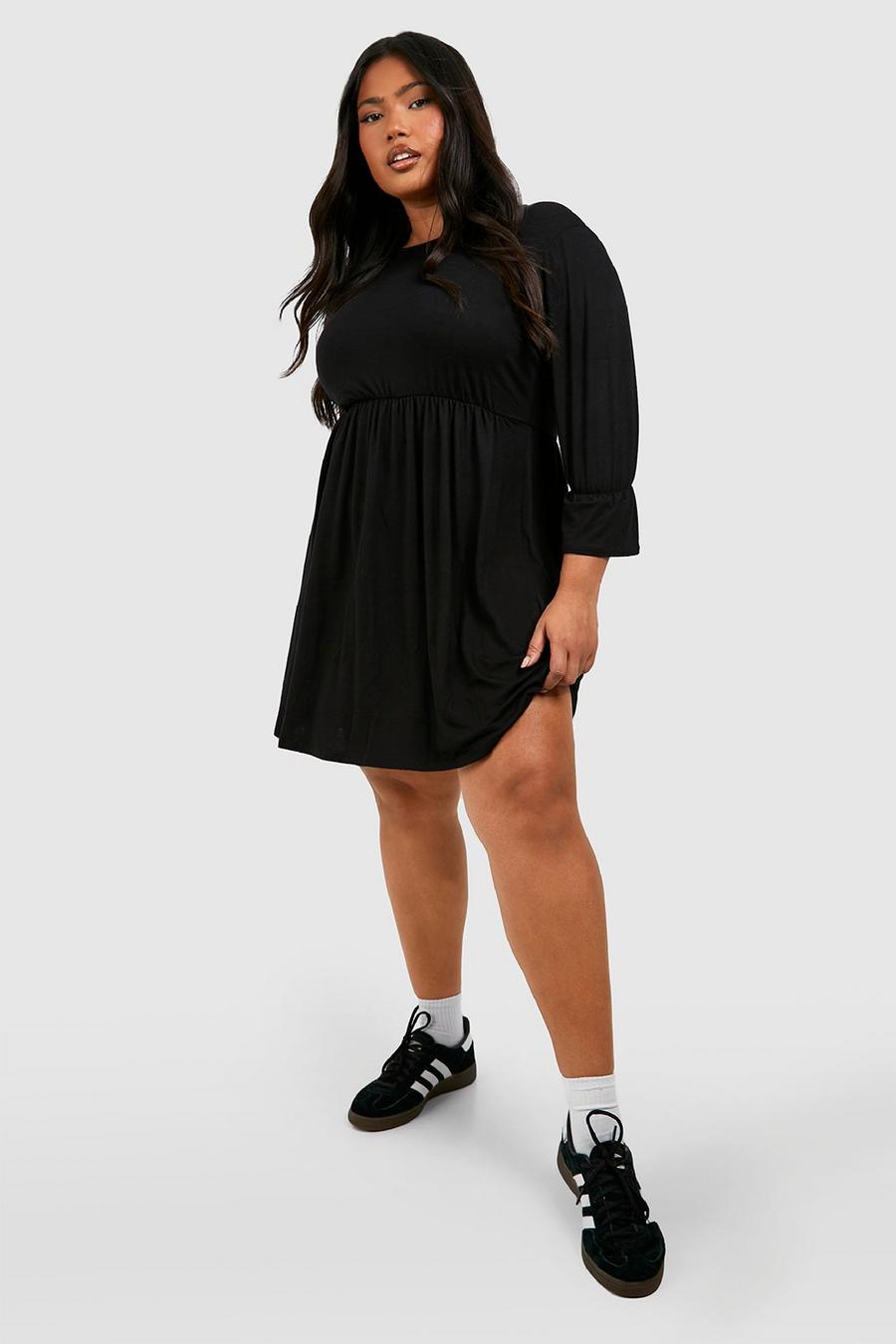 Black Plus Ruffle Cuff Detail Smock Dress