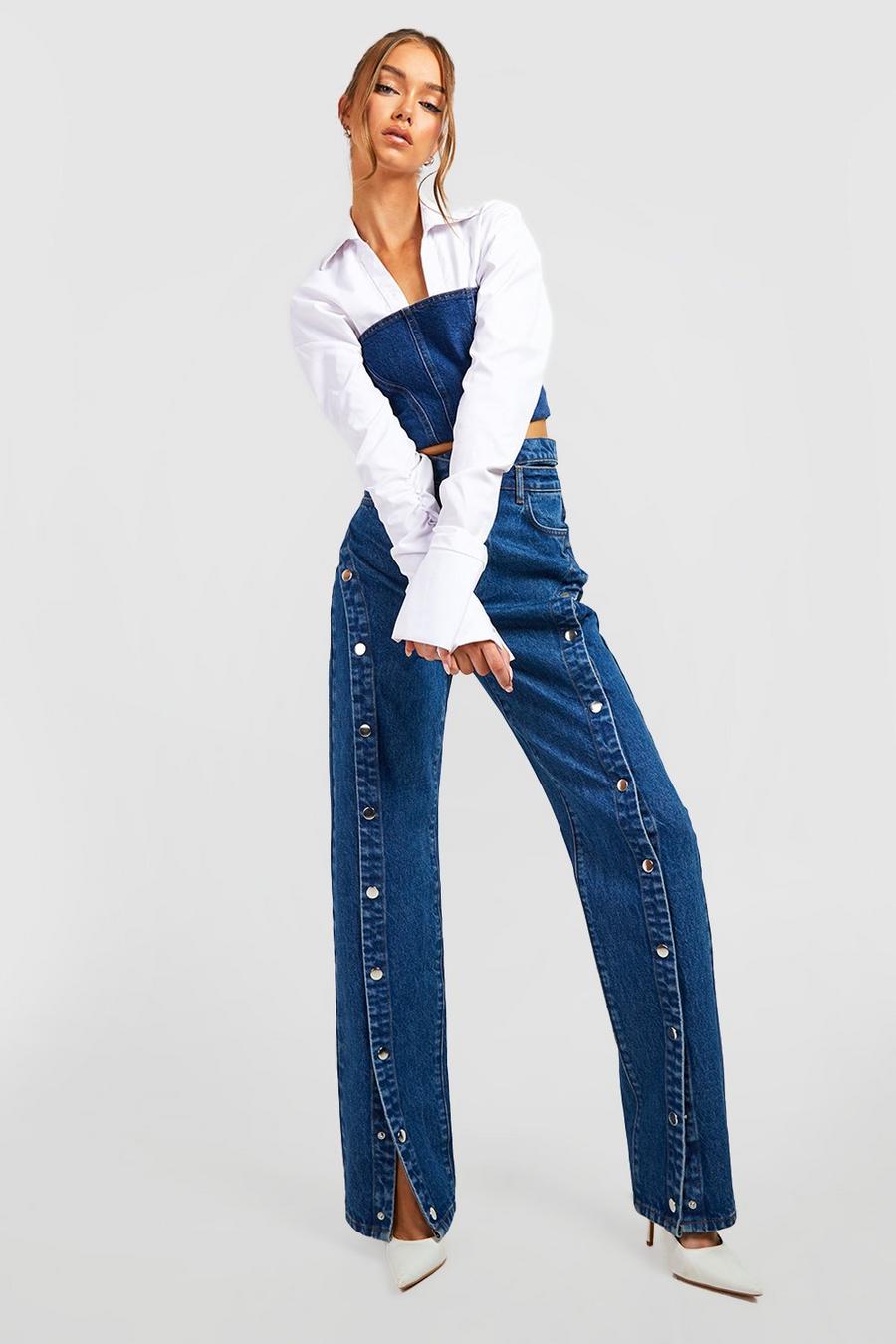 שפשוף בינוני azul מכנסי ג'ינס בגזרת רגל ישרה עם תיקתקים ורצועת מותניים מעטפת