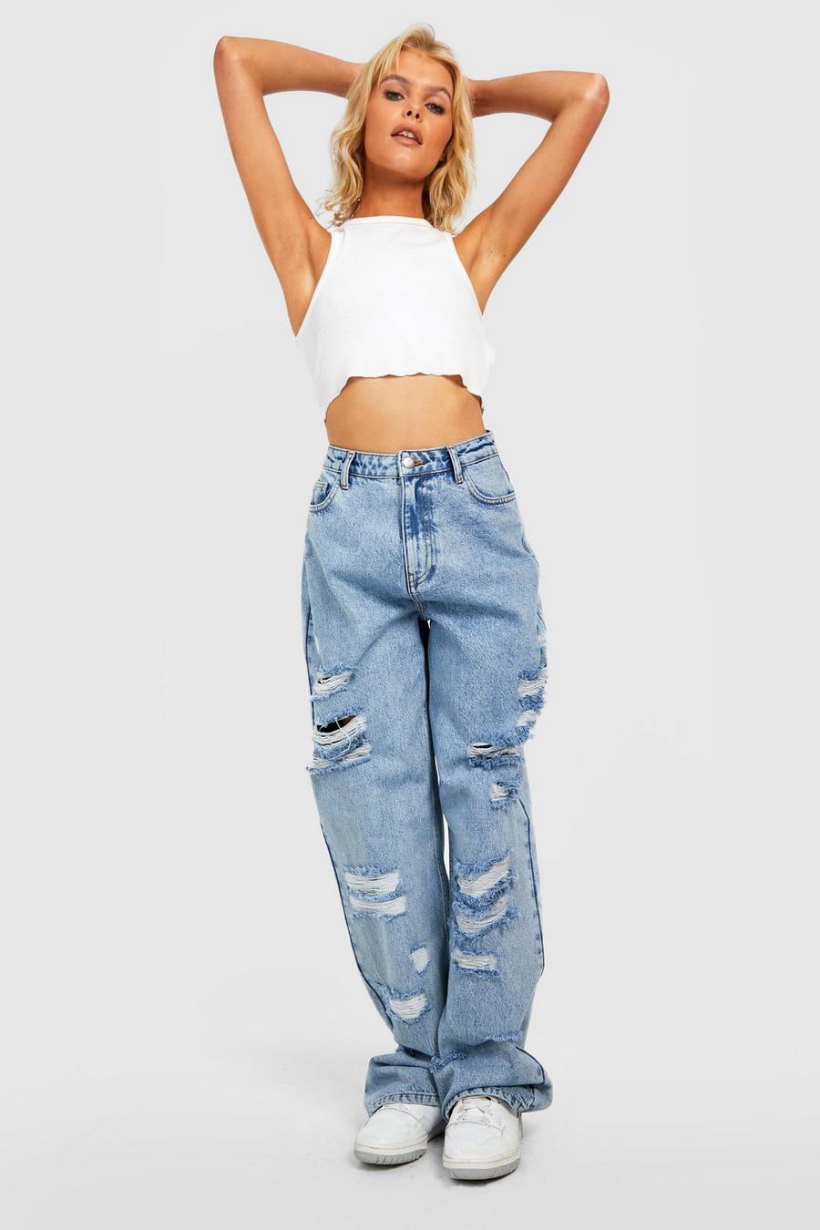 Stonewash blue Washed Rip & Repair Baggy Boyfriend Jeans image number 1