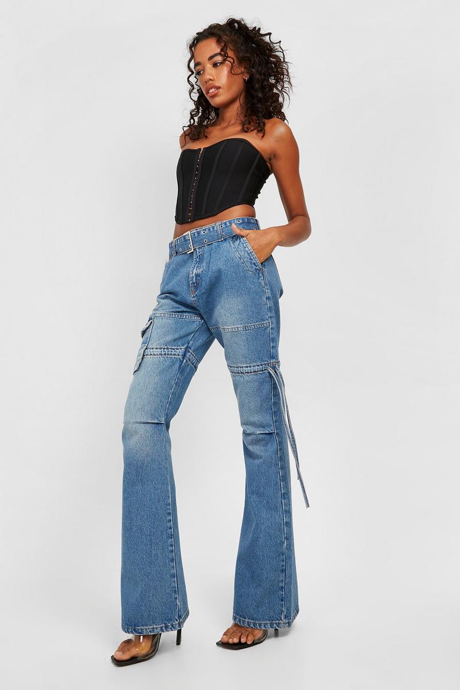 Mid Waist Belted Flared Cargo Jeans