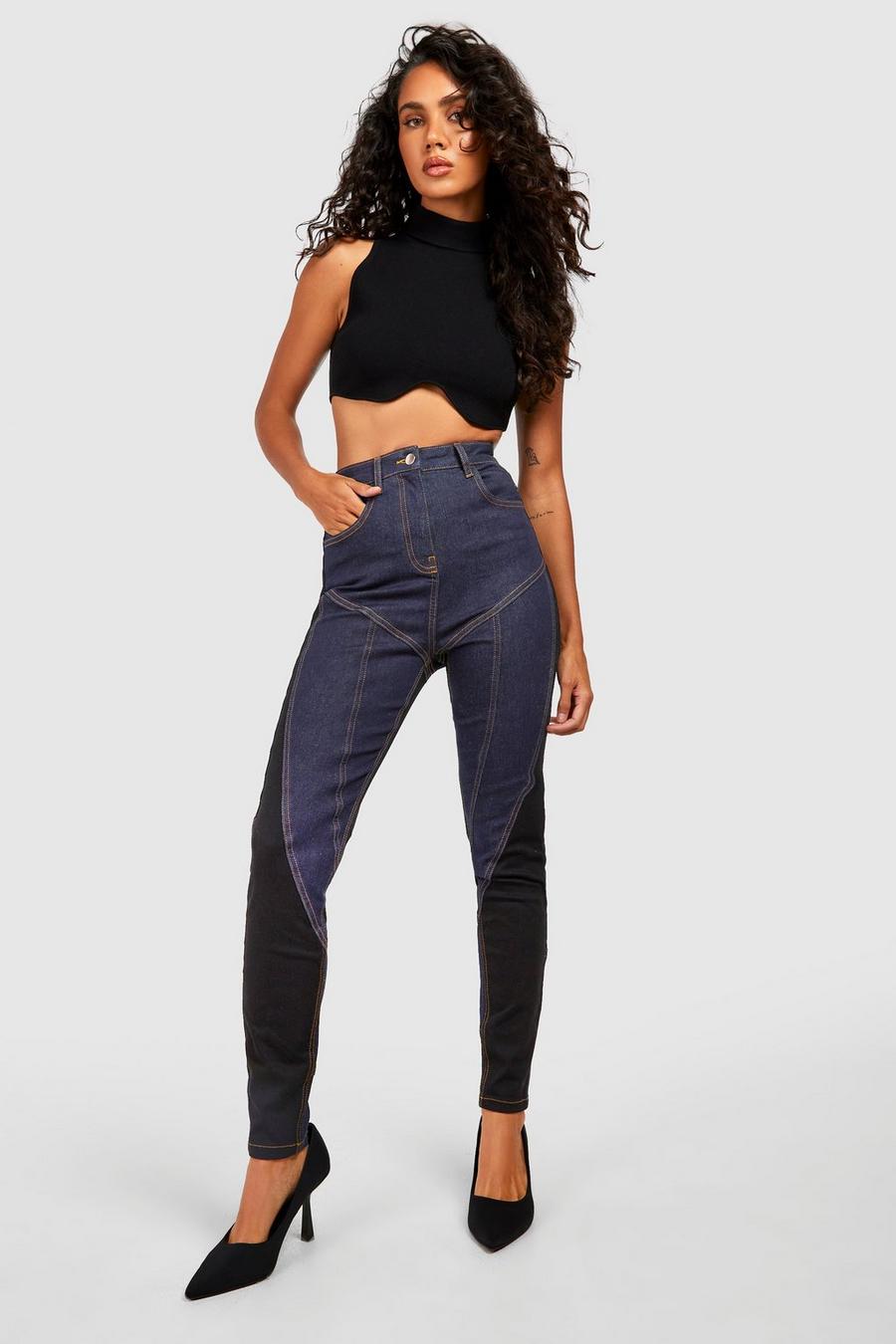 Mid wash High Waisted Contrast Contour Skinny Jeans image number 1