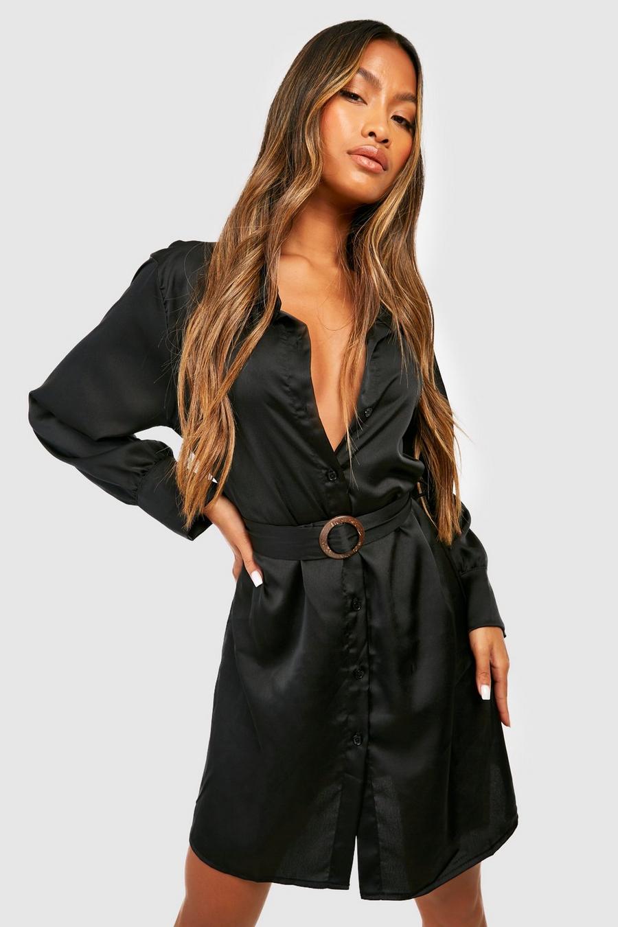 Black Skjortklänning i satin med bälte image number 1