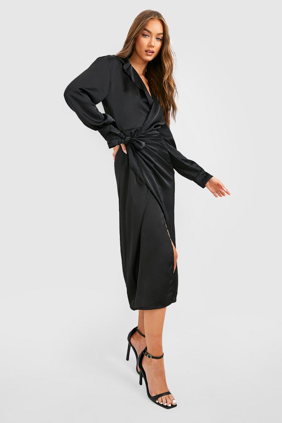 Black Satin Wrap Split Sleeve Shirt Dress image number 1