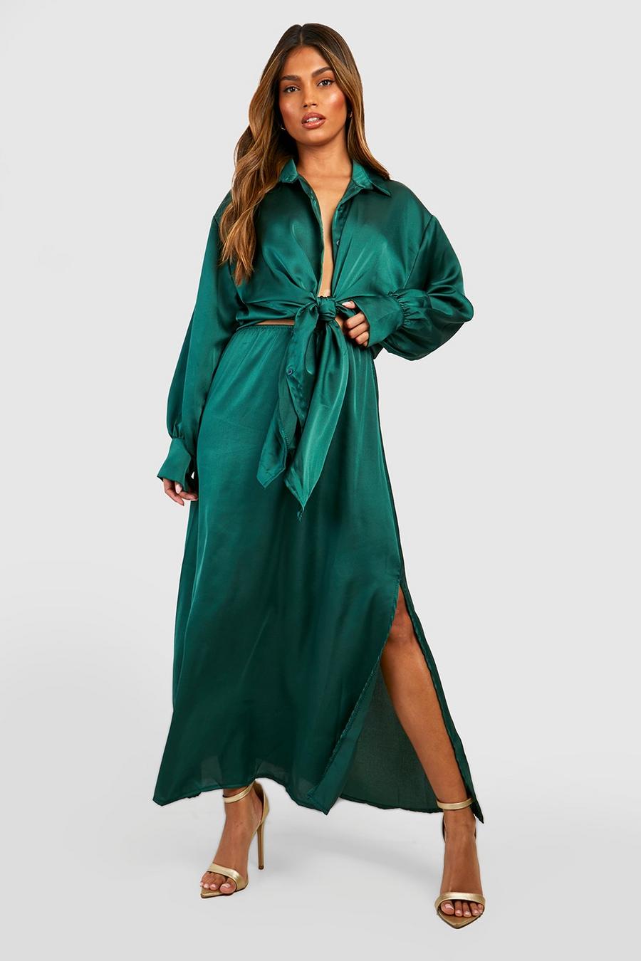 Emerald Satin Knot Front Shirt & Split Maxi Skirt image number 1