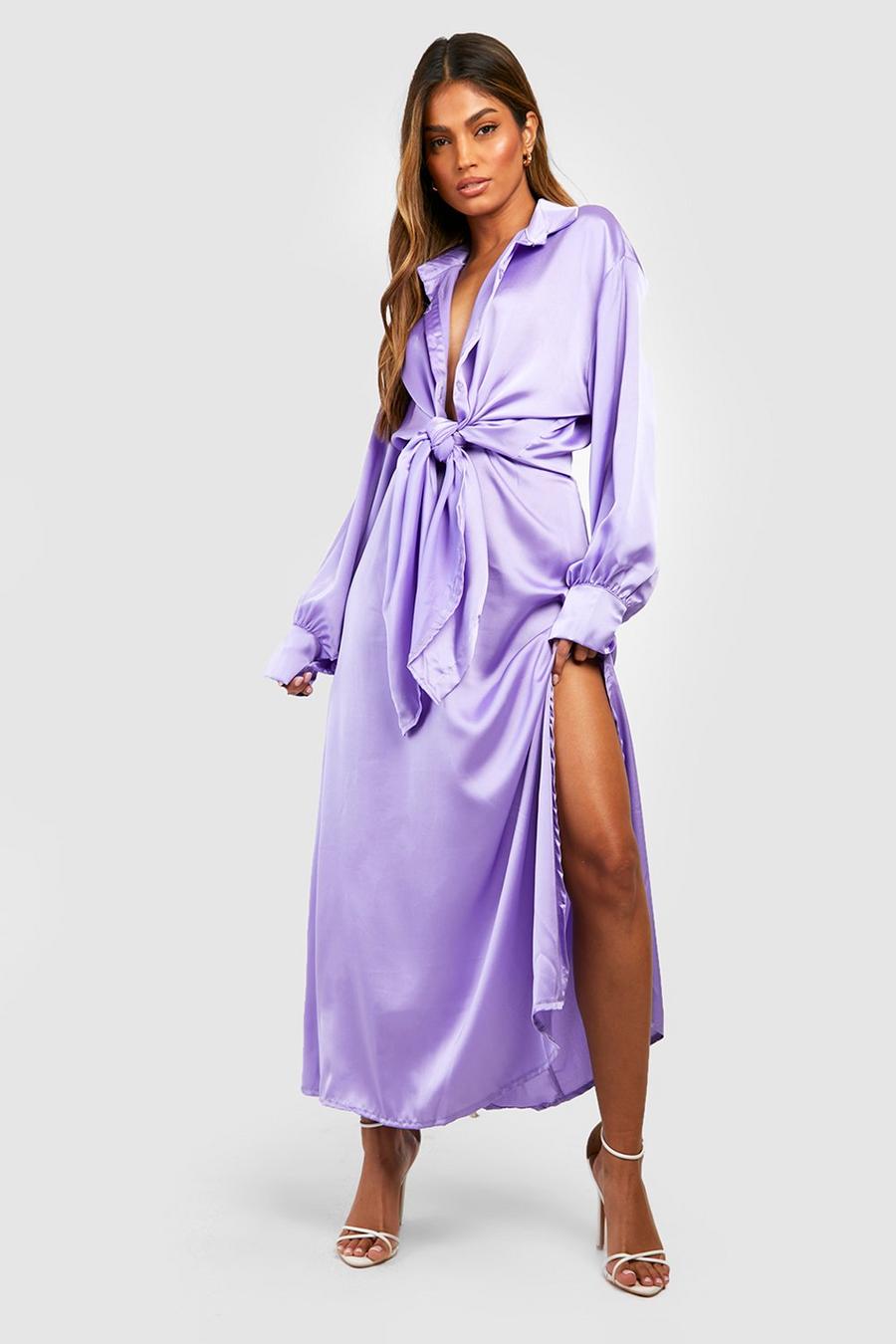 Falda maxi con abertura y camisa de raso con nudo frontal, Lilac viola