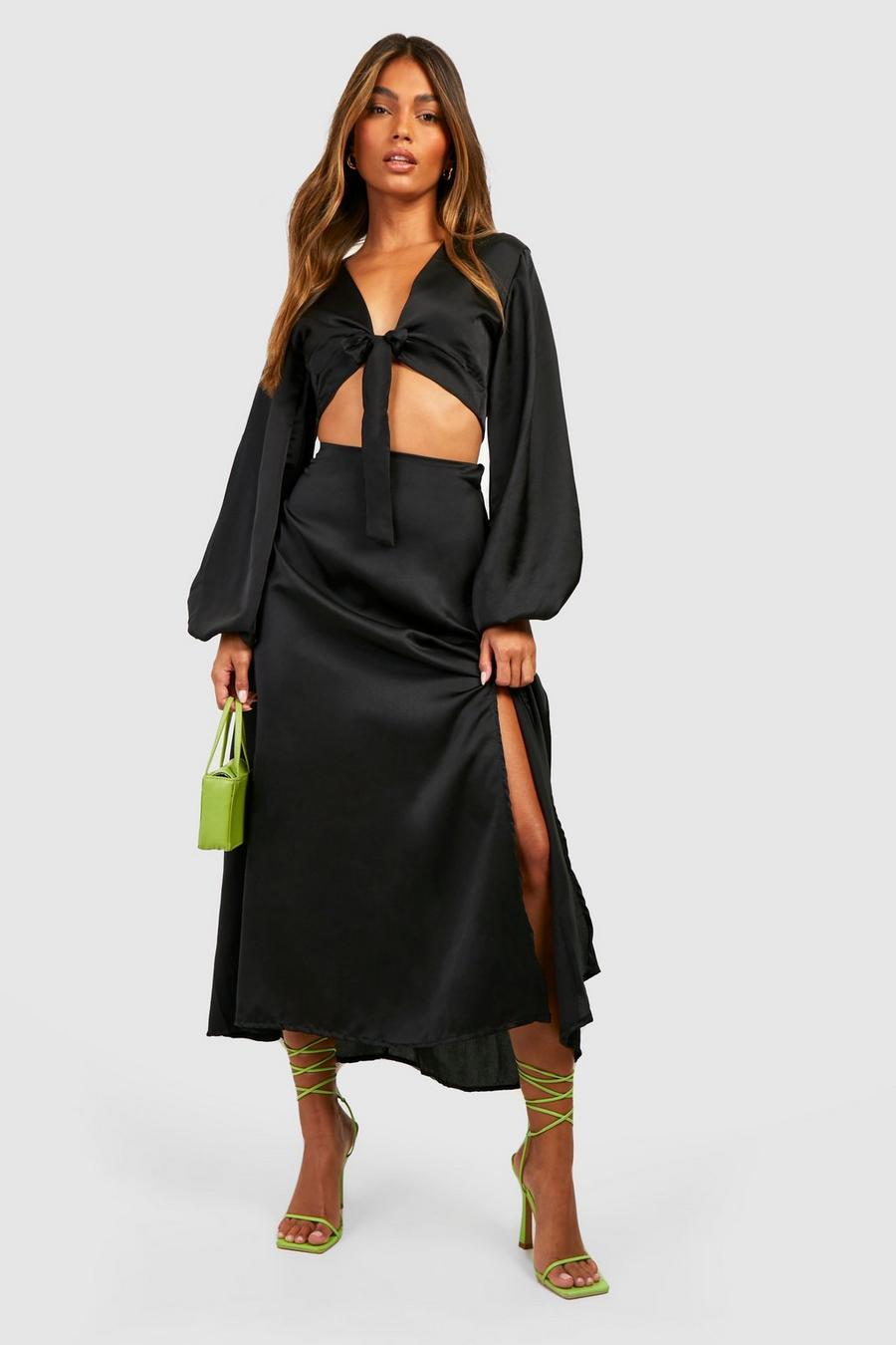 Black Satin Puff Sleeve Crop & Midi Skirt