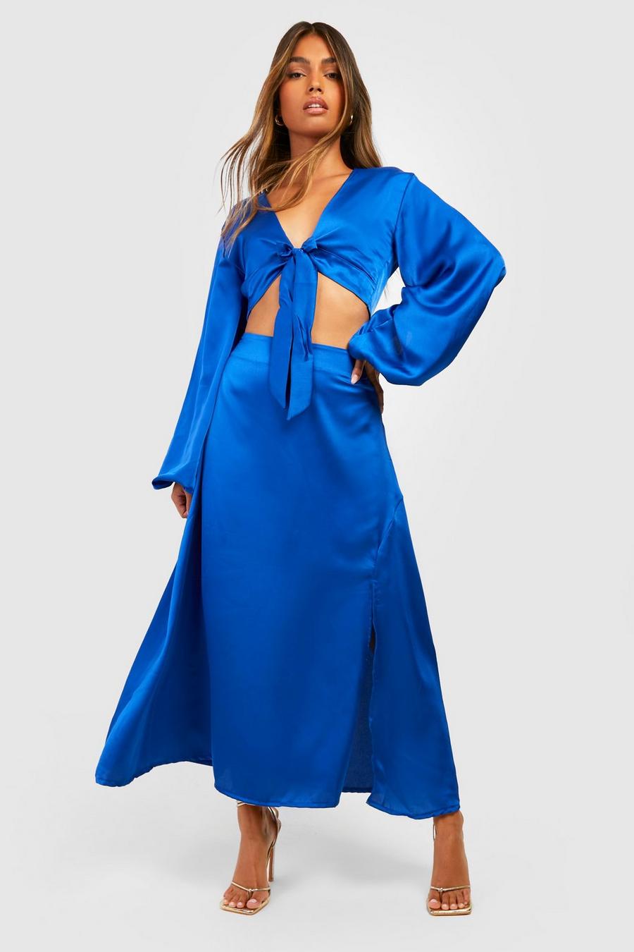Bright blue azul Satin Volume Sleeve Crop & Midi Skirt 
