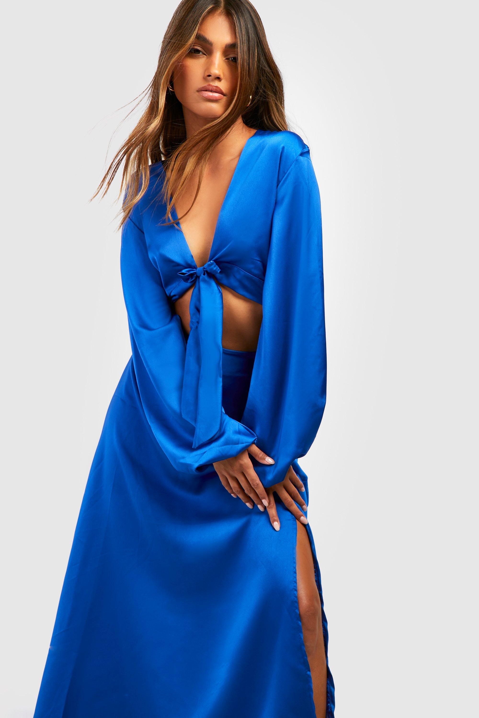 Misguided + Plus Size Blue Co Ord Tie Side Satin Midi Skirt