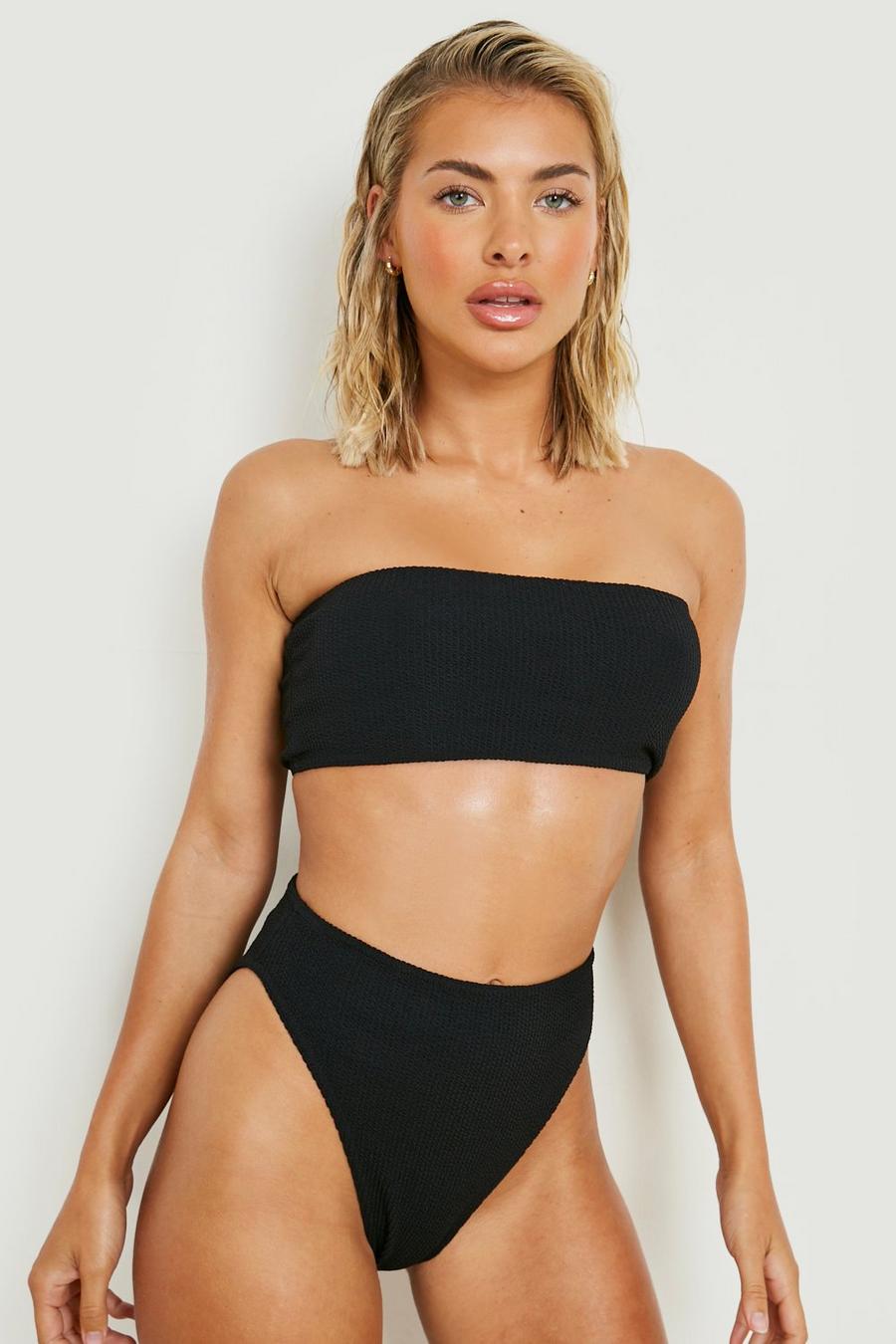 Bikini texturé avec haut bandeau et bas taille haute, Black image number 1