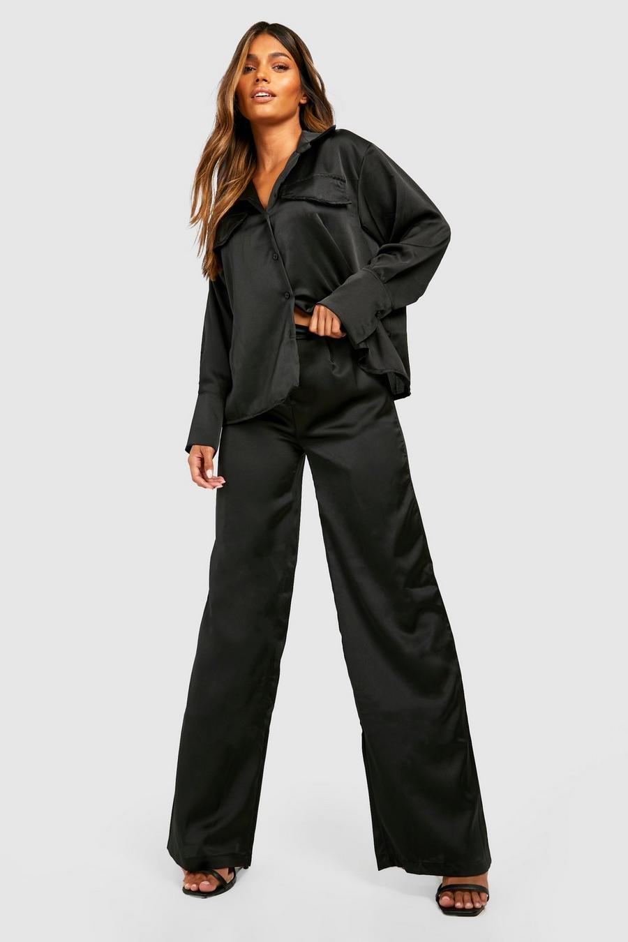 Black Satin Relaxed Fit Shirt & Wide Leg Pants image number 1