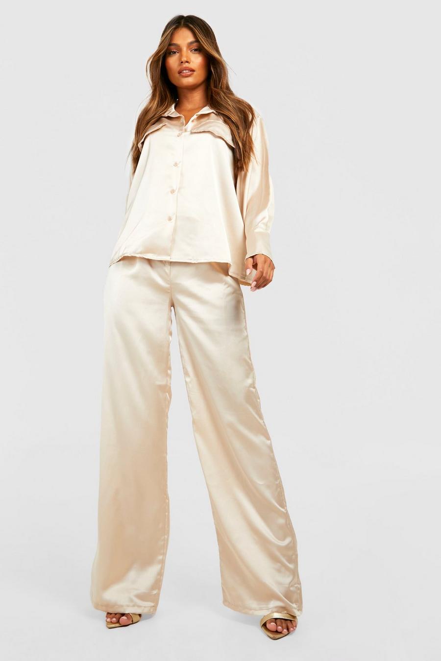 Champagne beige Satin Relaxed Fit Shirt & Wide Leg Trousers 