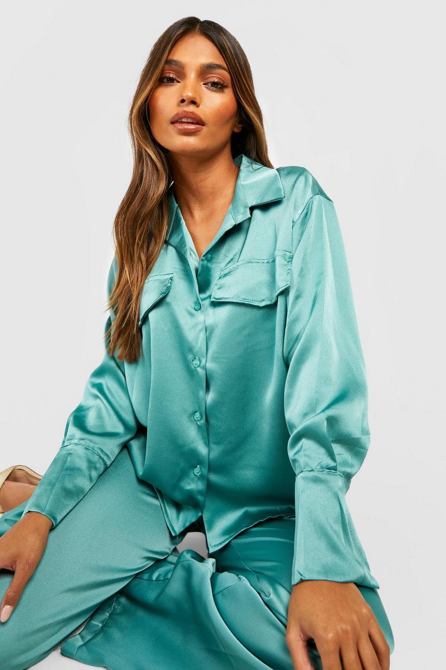 Sage Satin Relaxed Fit Shirt & Wide Leg Pants image number 1