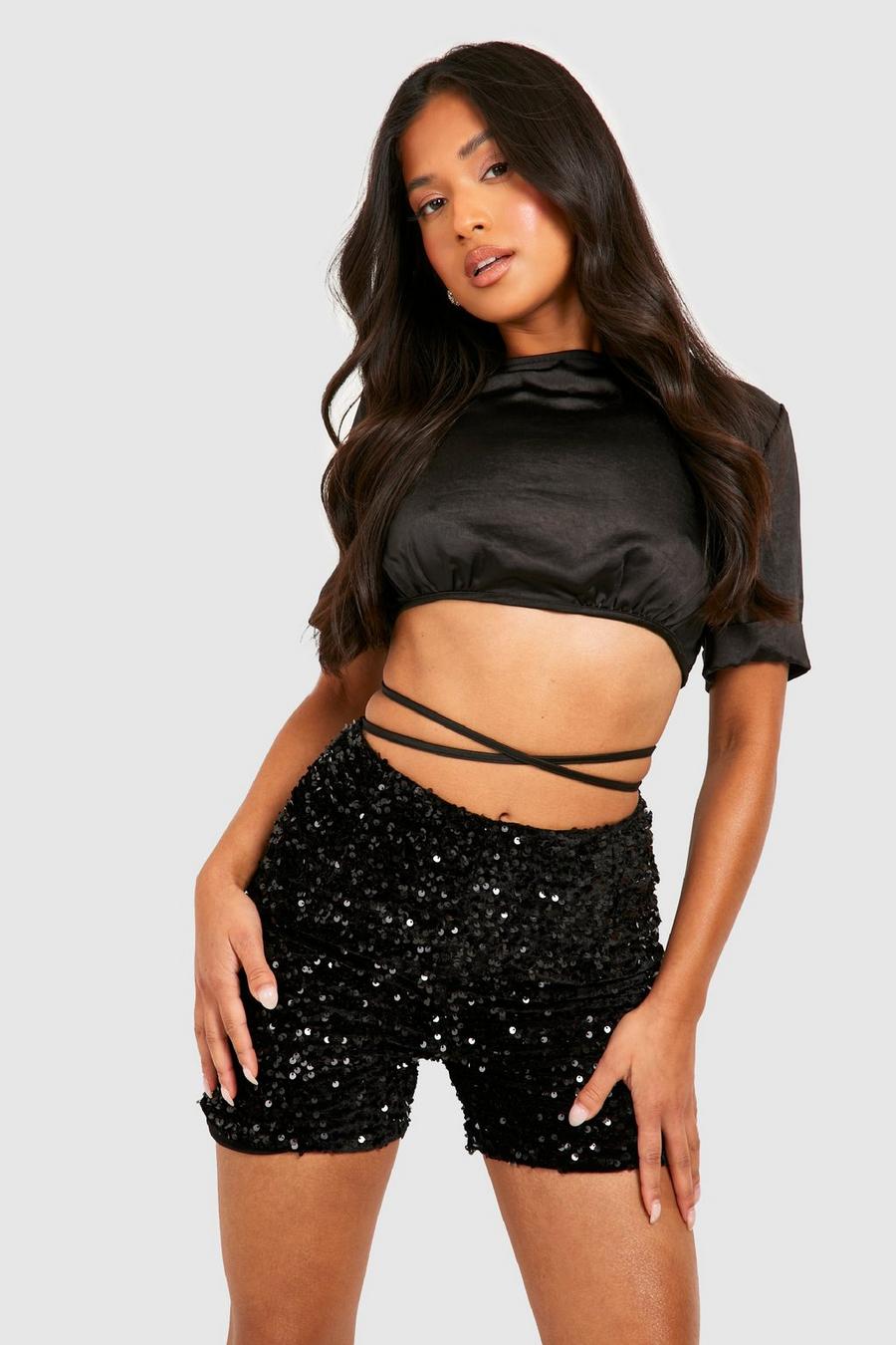 Black Petite Sequin Cycling Short image number 1