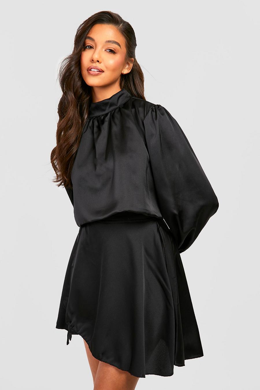 Black Satin High Neck Volume Sleeve Crop & Skirt