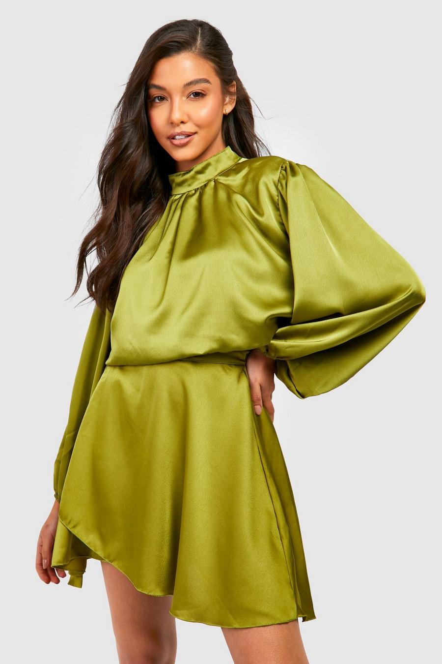 Chartreuse yellow Satin High Neck Volume Sleeve Crop & Skirt