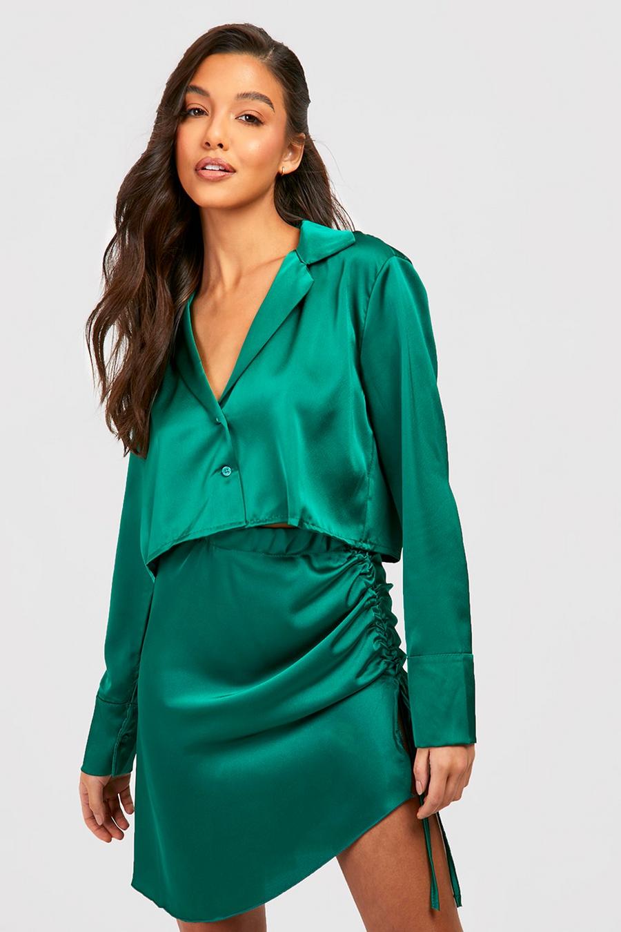 Bright green Satin Crop Shirt & Ruched Mini Skirt image number 1