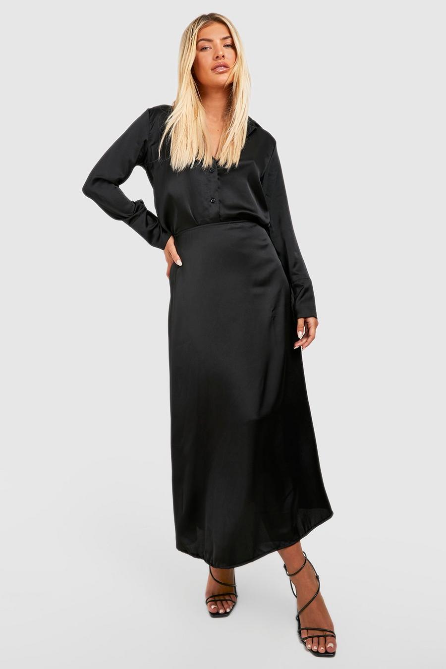 Black Satin Shirt & Flowy Midaxi Skirt  image number 1