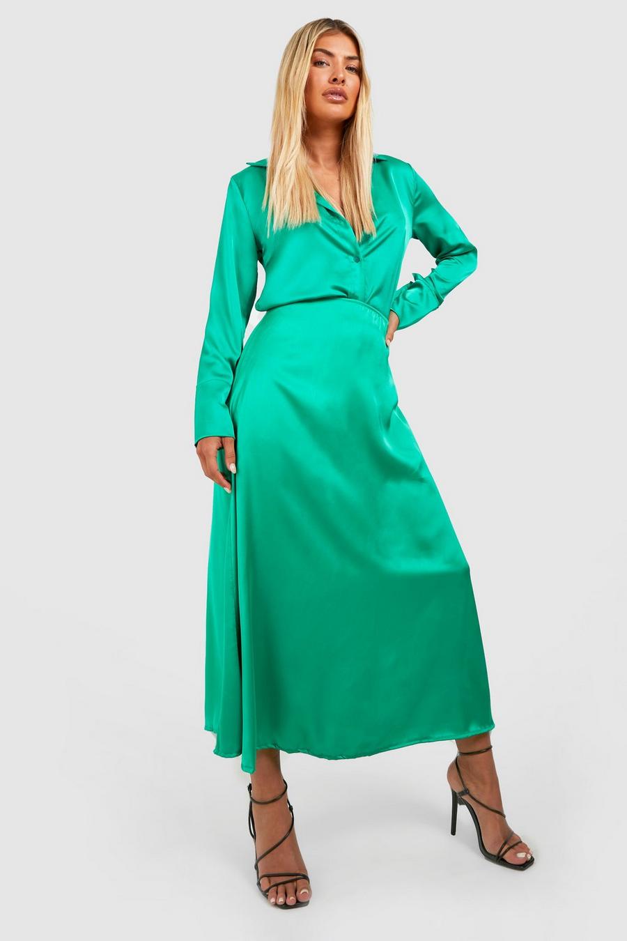 Bright green Satin Shirt & Flowy Midaxi Skirt  image number 1