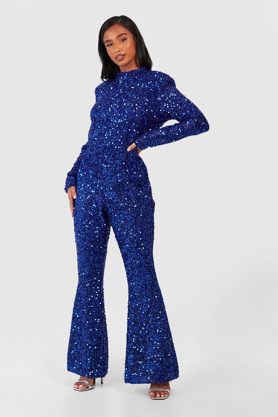 Cobalt Petite Glitter Jumpsuit Met Pailletten, Schouderpads En Open Rug image number 1