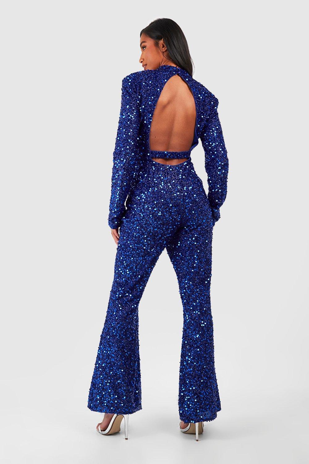 Petite Sequin Shoulder Pad Backless Jumpsuit | boohoo USA