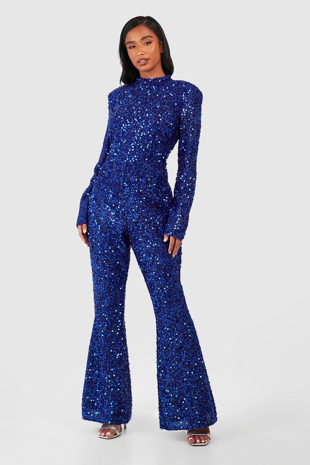 Petite Sequin Shoulder Pad Backless Jumpsuit