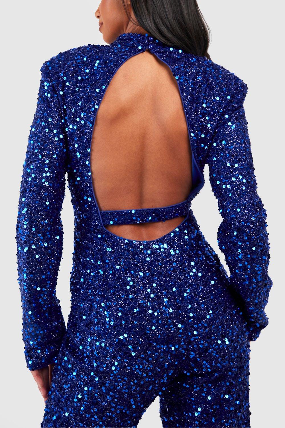 Petite Sequin Shoulder Pad Backless Jumpsuit