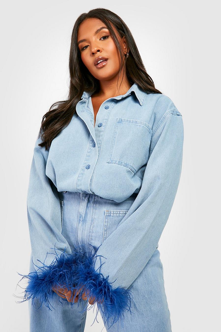 Grande taille - Chemise oversize en jean à plumes, Mid blue image number 1