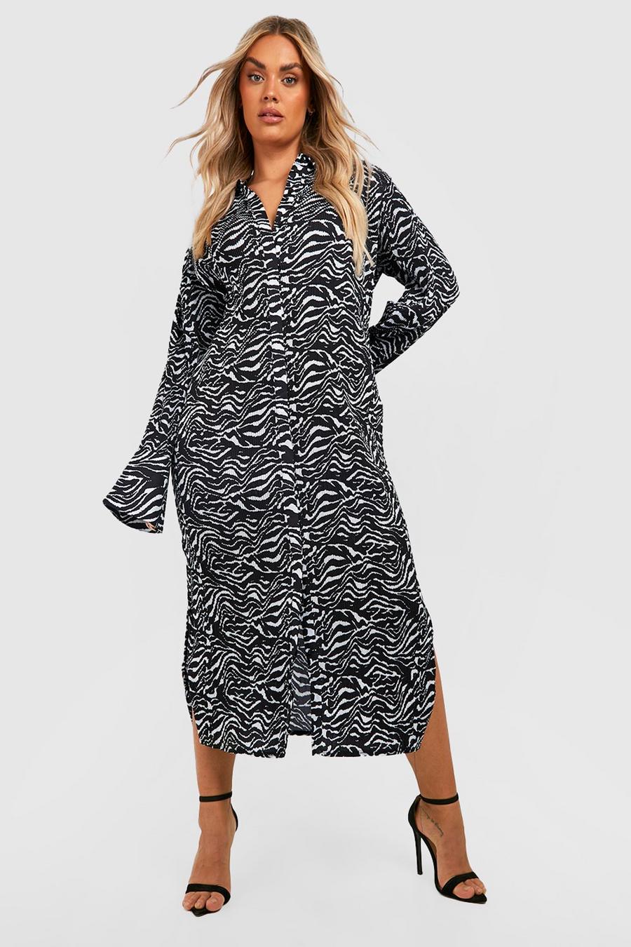 Black Plus Premium Plisse Zebra Shirt Dress image number 1