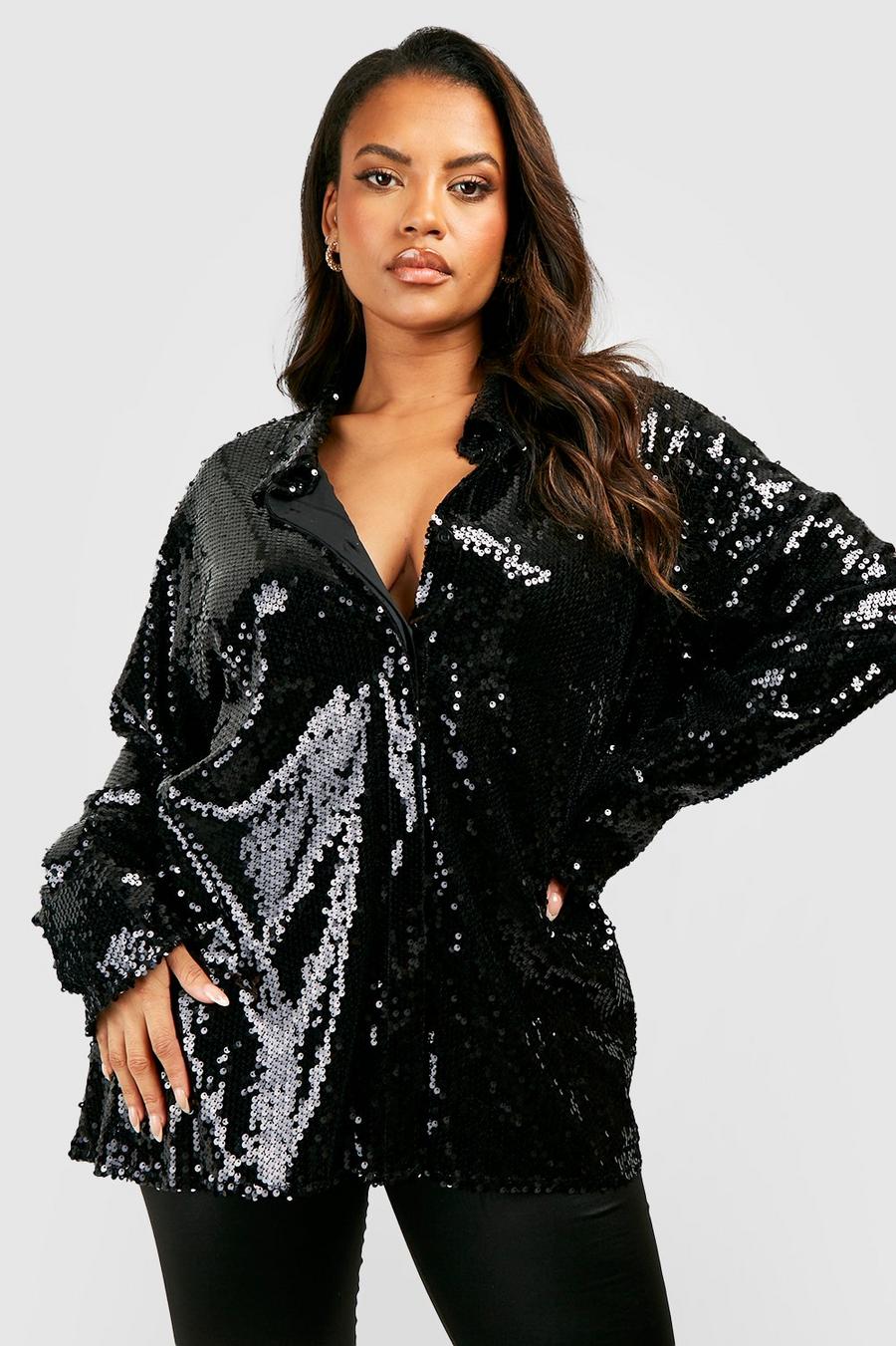 Camicia Plus Size oversize con paillettes e polsini ampi, Black