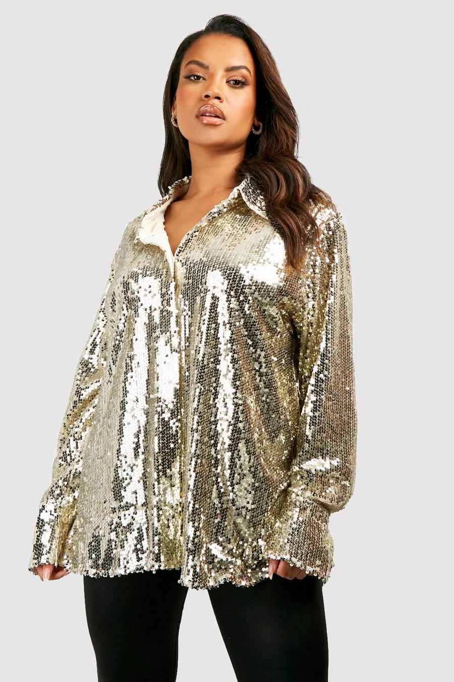 Champagne beis Plus Oversized Deep Cuff Sequin Shirt 