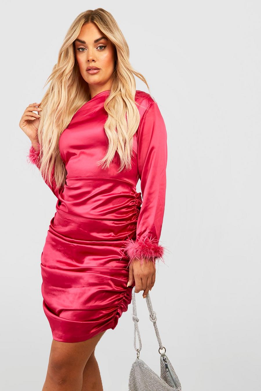 Hot pink Plus Satin Feather Cuff Mini Dress image number 1