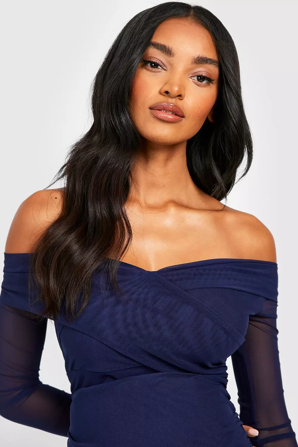 Navy bardot foldover wrap 2024 dress