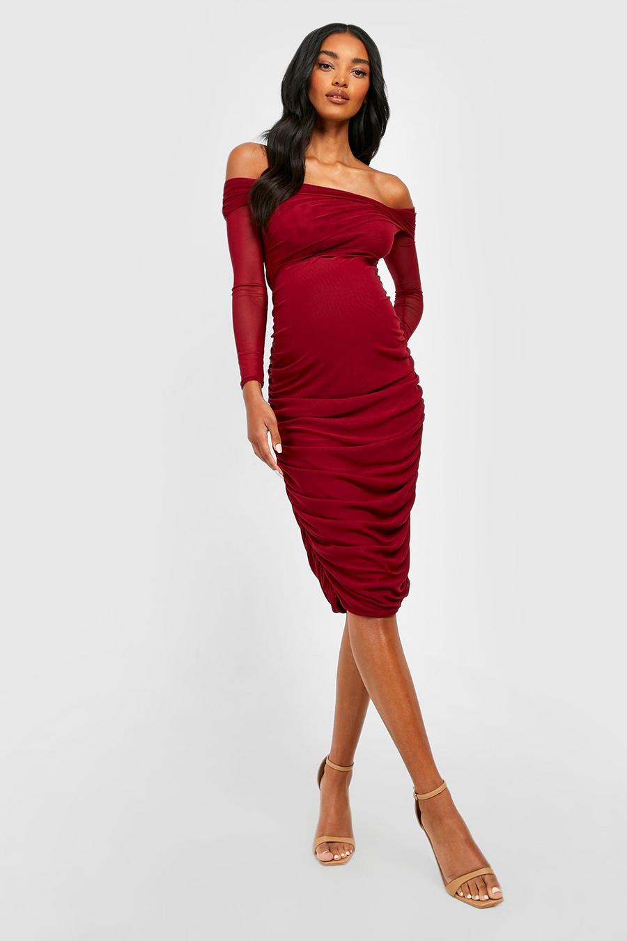 Wine red Maternity Off Shoulder Ruched Mesh Midi Dress