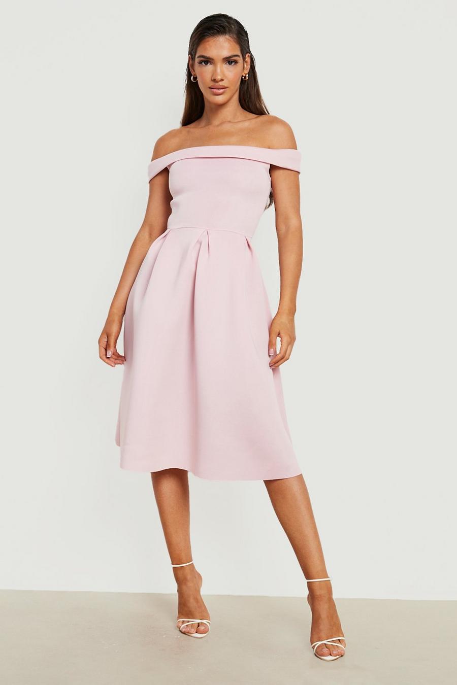 Blush pink Bonded Scuba Bardot Midi Dress