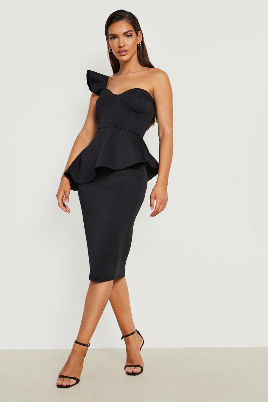 Black Bonded Scuba Ruffle Asymmetric Midi Dress image number 1