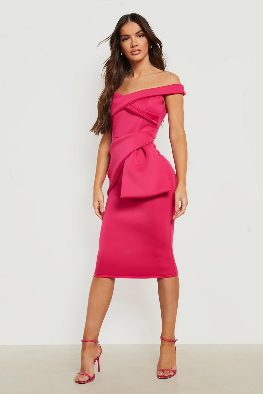 Hot pink Bonded Scuba Drape Detail Midi Dress