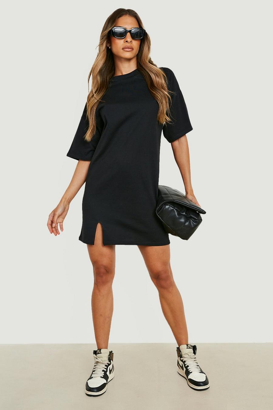Black Basics Round Neck 3/4 Sleeve Split T-shirt Dress image number 1